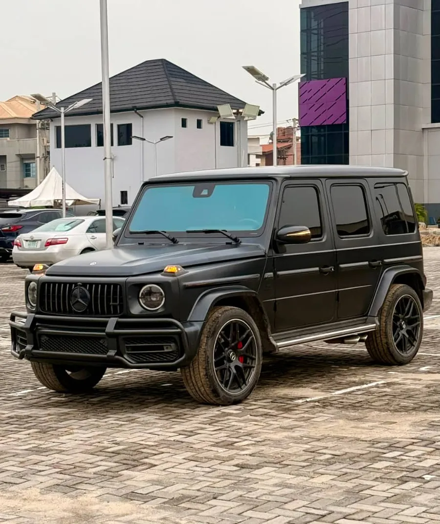 Matte black Mercedes-AMG G63 front three-quarter view